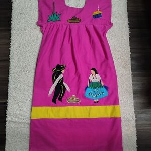 Bright Pink Embroidered Mexican Dress with Yellow Accent